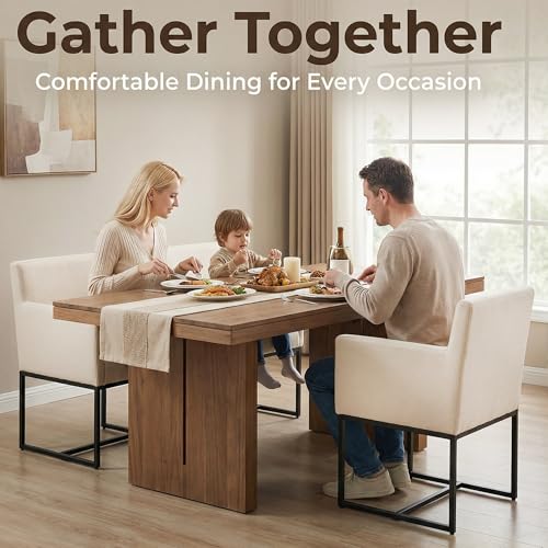 Linen Upholstered Dining Chairs with Arms Set of 2, Mid Century Modern Padded Kitchen Chairs with Black Metal Frame for Restaurant, Dining Room, Cream - color: Cream