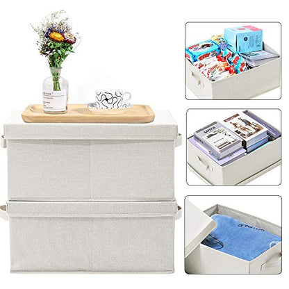 HOONEX Foldable Storage Bins with Lids, 2 Pack, Storage Boxes with Carrying Handles and Sturdy Heavy Cardboard, 16.5" L x 11.8" W x 7.5" H for Shoes, Books, Clothes, Beige - color: Beige