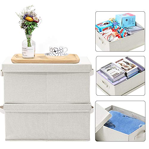 HOONEX Foldable Storage Bins with Lids, 2 Pack, Storage Boxes with Carrying Handles and Sturdy Heavy Cardboard, 16.5" L x 11.8" W x 7.5" H for Shoes, Books, Clothes, Beige - color: Beige