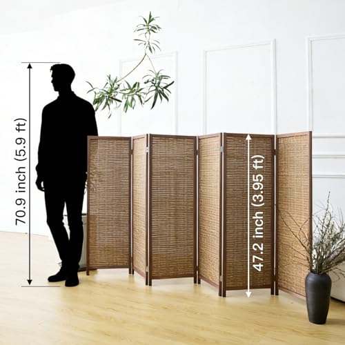 6 Panel Short Room Divider Screen,Brown Freestanding Partition,Small Bamboo Panel Divider for Room Seperation,3.95 FT Tall - color: Brown, size: 6 Panel