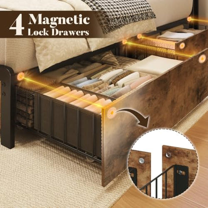 Lifezone Queen Bed Frame with 2-Tier Storage Headboard, Metal Platform Bed Frame with 4 Storage Drawers, Built in Charging Station & LED, Noise-Free/Metal Support/No Box Spring Needed,Rustic Brown
