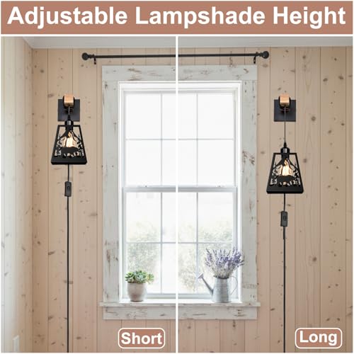 Plug in Wall Lamp,Bear Matte Black Metal 1 Pack Farmhouse Rustic Wall Sconces with Wood Arm,E26 Base Industrial Light for Bedroom,Bedside,Living Room,Indoor,Hallway,Bathroom,Porch,Stairway - color: Bear-Black