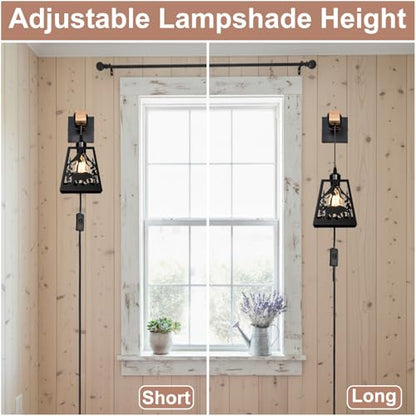 Plug in Wall Lamp,Bear Matte Black Metal 1 Pack Farmhouse Rustic Wall Sconces with Wood Arm,E26 Base Industrial Light for Bedroom,Bedside,Living Room,Indoor,Hallway,Bathroom,Porch,Stairway - color: Bear-Black