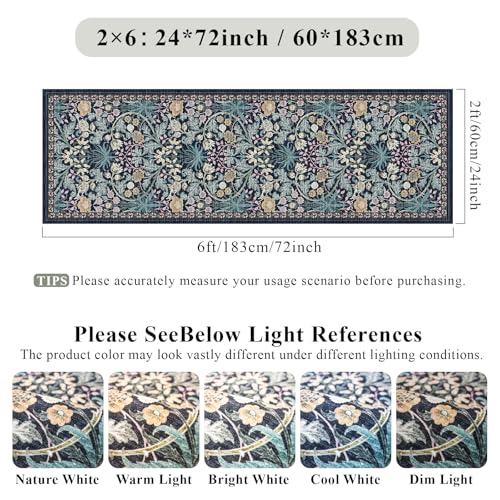 2x6 Non-Slip Runner Rug for Kitchen: Machine Washable Floral Boho Carpet Runners for Bathroom Botanical Indoor Mats for Bedroom Hallway Entryway Laundry - 6ft Low Pile Soft Rugs 2x6 Dark Green - color: Blue, size: 2' x 6' (Runner)