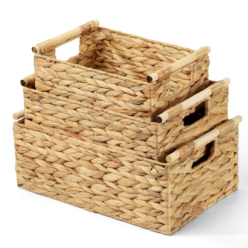 Wicker Storage Baskets for Organizing 3 Pack,Natural Water Hyacinth Ratten Baskets with Wooden Handles, Decorative Handwoven Storage Baskets for Shelves, Bathroom, Pantry or Kitchen - size: 15.75"D x 11.02"W x 5.91"H