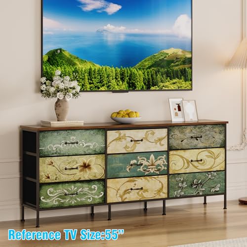Dresser with Drawers for Bedroom Chest of Drawers Fabric Dresser for Closet,Nursery Entryway Hall Tree TV Stand for Living Room Retro Floral Pattern Drawers Wooden Top (Wide 9 Drawers) - size: 11.8"D x 62.9"W x 26.7"H (9 Drawers)