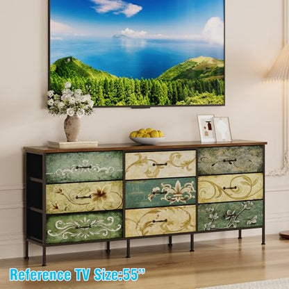 Dresser with Drawers for Bedroom Chest of Drawers Fabric Dresser for Closet,Nursery Entryway Hall Tree TV Stand for Living Room Retro Floral Pattern Drawers Wooden Top (Wide 9 Drawers) - size: 11.8"D x 62.9"W x 26.7"H (9 Drawers)
