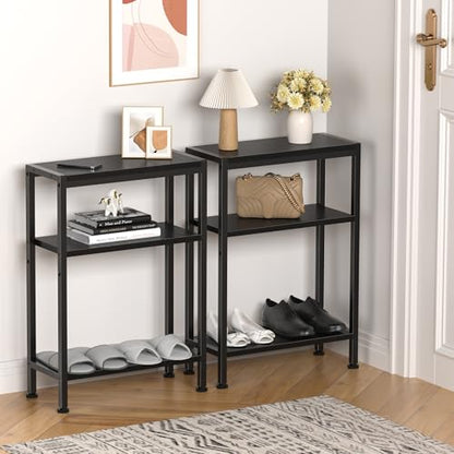 Narrow Side Table Set of 2 for Small Space, 3 Tier Slim End Table, Thin Nightstand, Skinny Snack Couch Table, Sofa Bedside Table in Living Room, Bedroom, Study, Kitchen and Balcony (Black) - color: Black, size: 3-Tier (7.9''D*17''W*26.6''H)