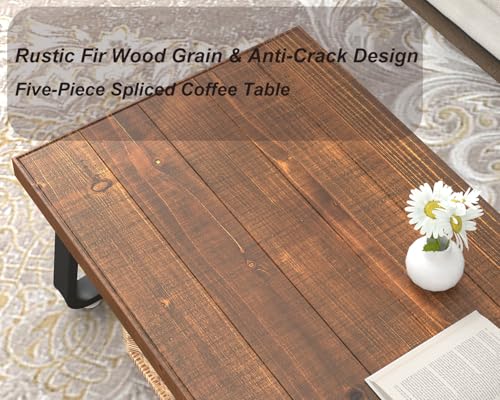 Natural Solid Wood Coffee Table, Rustic Center Tables for Living Room | Rectangle Metal and Real Wooden Tea Table, Modern Industrial Minimalist Wooden Cocktail Tables, Rustic Brown, 47 Inch - size: 47 inch