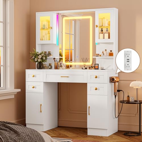 Vanity Desk with Mirror and LED Lights & Power Outlet | Large Makeup Vanity Table with 5 Drawers and 4 Storage Cabinets, White Dressing Table for Bedroom - size: 049 White
