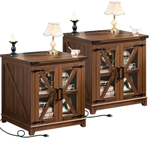 Joaxswe Farmhouse End Table Set 2 for Living Room, Charger Station | USB Ports, Glass Barn Door, Solid Wood Legs, 24" Large Sofa Side Table, Adjustable Shelf, Brown Square Table for Bedroom - color: Brown, size: Set 2