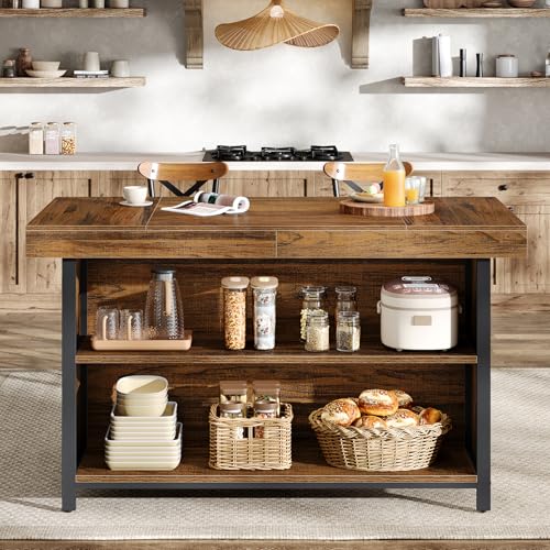 Tribesigns Large Kitchen Island with Storage, 55-Inch Wooden Stationary Island Table with Metal Frame, 3-Tier Industrial Center Bar Table with Thickened Countertop for Kitchen, Dining Room, Brown