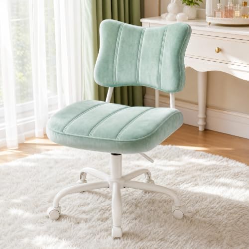 Homkdom Velvet Vanity Chair with Bow Backrest & Height Adjustable,Bedroom | Armless,360 Swivel,Silent Casters for Dressing Room & Living Room, Home Office,Make up,Reading,Light Green - color: Light Green
