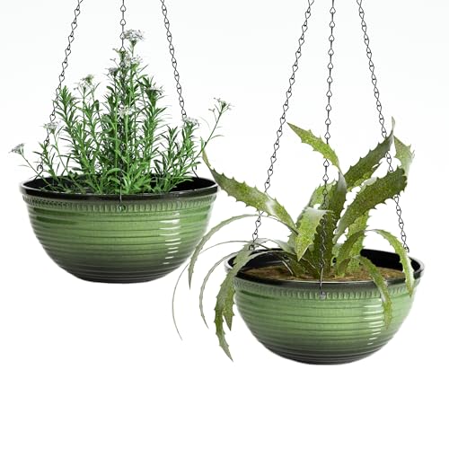 Vanslogreen 12 inch Hanging Planters for Indoor Outdoor Plants, 2 Pack Large Hanging Flower Pots with Drainage Holes and Chain, Glazed Hanging Baskets for Home Garden Decoration, Green - color: Green, size: 12inch