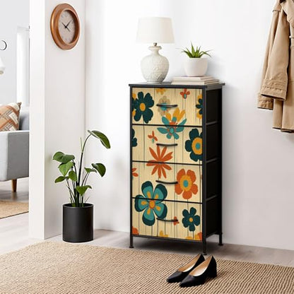 Dresser for Bedroom Dresser for Closet Geometric 1960s Floral Art Teal Orange Mustard Dressers & Chests of Drawers Fabric Closet Organizers and Storage with 4 Drawers