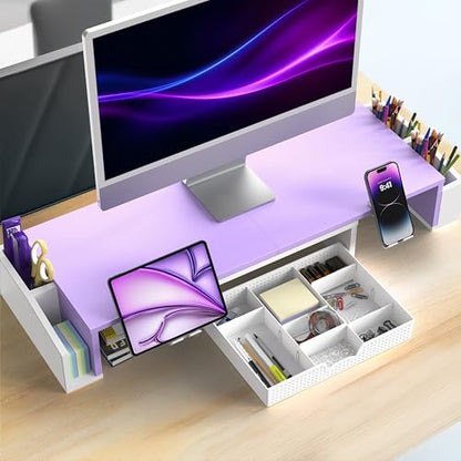 Simple Houseware Desk Dual Monitor Stand Riser with Drawer, Purple | Customizable Organizer Tray, Built-In Phone & Tablet Slot and Side Storage - color: Purple