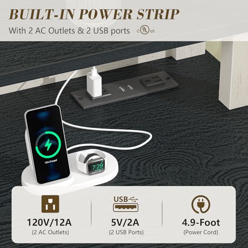 47" Farmhouse Computer Desk with Drawers & Outlets for Home Office, Bedroom | Executive Desk with Power Outlets, Home Office Desk with Monitor Stand, Small Desk Writing Study Table, Black and White - color: Black and White
