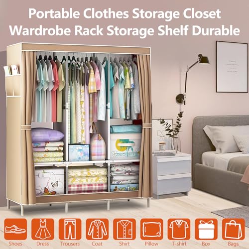 Portable Closet Wardrobe, Clothes Rail with Non-Woven Fabric Cover & 3 Hanging Rods and 6 Shelves, Clothes Storage Organizer, 16mm Diameter Steel Pipe for Bedroom and Living Room