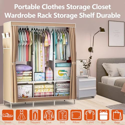 Portable Closet Wardrobe, Clothes Rail with Non-Woven Fabric Cover & 3 Hanging Rods and 6 Shelves, Clothes Storage Organizer, 16mm Diameter Steel Pipe for Bedroom and Living Room