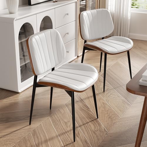 Dining Chair, Mid Century Modern Dining Room Chairs, Upholstered Faux Leather Kitchen Chairs with Walnut Bentwood Back and Metal Legs for Kitchen Dining Room Living Room, White - color: White, size: Set of 1