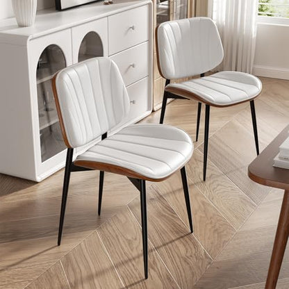 Dining Chair, Mid Century Modern Dining Room Chairs, Upholstered Faux Leather Kitchen Chairs with Walnut Bentwood Back and Metal Legs for Kitchen Dining Room Living Room, White - color: White, size: Set of 1