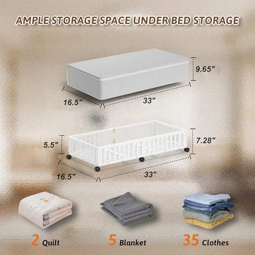 2 Pack Large Bamboo Under Bed Storage Containers with Wheels, White | Underbed Drawer Storage with Bag, Wood Rolling Underbed Organizer for Shoes, Sheets Clothes Blanket Comforter, Under Crib Toy - color: White, size: 2 PCS (33.07"×16.54")