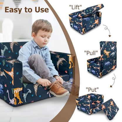 Kids Couch, 2-in-1 Kids Fold Out Couch | Convertible Sofa to Lounger for Girls and Boys, Soft Toddler Chairs Comfy 1-3 Years Old, Dinosaur - color: Dinosaur