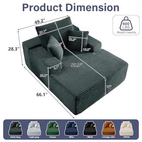 49.2" Oversized Chaise Lounge Chair Indoor, Modern Upholstered Deep Seat Sofa Bed, Sleeper Couch Reading Chairs, Comfy Corduroy Cloud Sofas Couches for Living Room, No Assembly, Dark Grey - color: Dark Gray, size: 49"