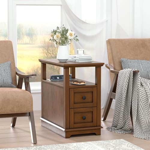 HIFYOBRO End Table with Flip Top Charging Station Set of 2 | Narrow Side Table with 2 Drawers, Type-C & USB Port & Power outlets, Wooden Nightstand for Living Room and Bedroom - color: Glossy Brown, size: 1 Set