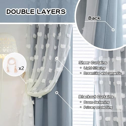 MYSKY HOME Dusty Blue Curtains for Bedroom & Kids Room - 54 Inch Long, Double Layer, White Pom Pom, Sheer, Grommet, Darkening, Small Window, 2 Panels, 52 x 54 in - color: Dusty Blue, size: 52"W x 54"L (Pack of 2)