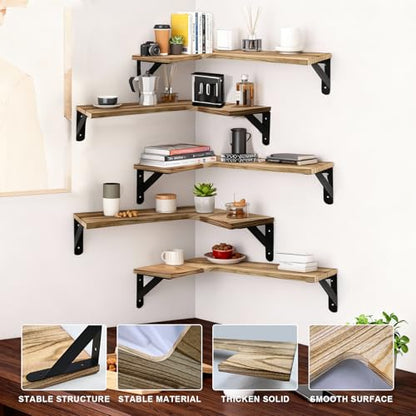 5 Pcs Corner Floating Shelves Set,Wood Wall Mount Corner Shelf | for Wall Room Kitchen Bedroom Bathroom,L-Shaped Wood Shelves Storage Display for Home Decor(Lightly Burnt Brown)