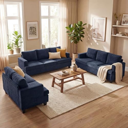 YOUDENOVA Sofa, 3 Piece Set Comfy Sofa, Loveseat & 2 3-Seater Couch with Deep Seats for Living Room, Modern Sleeper Couch, Navy Chenille - color: Blue Chenille, size: 3-Seater*2+Loveseat