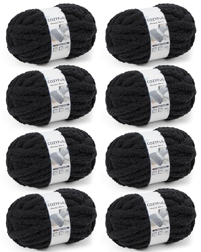 Cozyful Chunky Yarn for Hand Knitting, #9 Thick Jumbo Big Chunky Yarn for Crocheting, Super Chunky Knit Blanket Yarns, Large Chunky Chenille Yarns, 8 Pack (30 yds 8 oz Each Skein), Black - color: Black