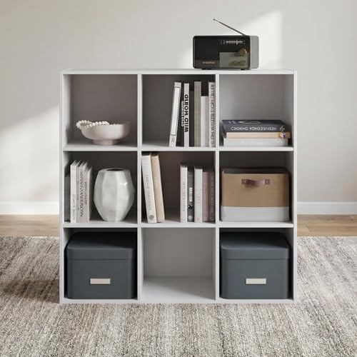 Signature Design by Ashley Onita 9 Cube Storage Organizer, White Bookshelf | Durable laminate over engineered wood, Fits standard 10.5x10.5x11 inch bins, Versatile freestanding 3x3 layout - color: White, size: Nine Cube