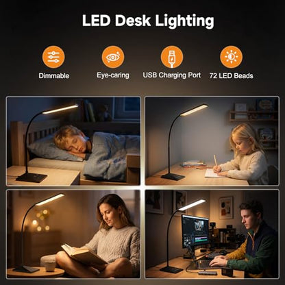LED Desk Lamp, Eye-Caring Desk Light | 7W 390LM ,5 Color Modes & Stepless Dimming, 360° Flexible Gooseneck Touch Control Table Lamp for Bedroom Bedside Study Black - color: Jet Black