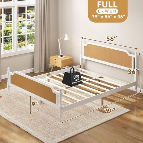 Full Size Bed Frame with Natural Rattan Headboard and Footboard, Solid Pine Wood Platform Bed, Mid Century Bohemian Style, No Box Spring Needed, White+Walnut