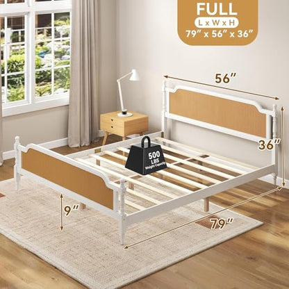Full Size Bed Frame with Natural Rattan Headboard and Footboard, Solid Pine Wood Platform Bed, Mid Century Bohemian Style, No Box Spring Needed, White+Walnut