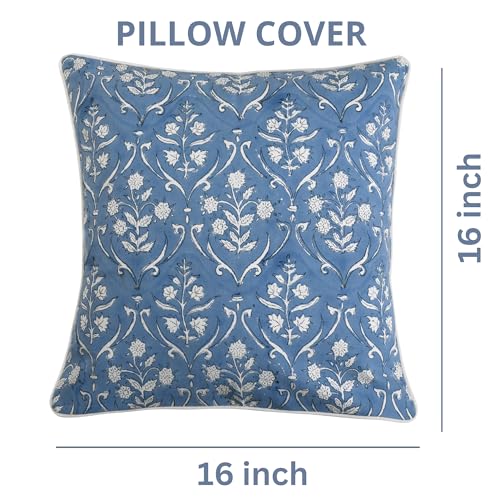 Block Print Cornflower Blue Pillow Cover 16" x 16" (Pack of 2) Decorative Couch Pillows for Living Room, Chic Boho Cute Outdoor Pillows Covers Gifts for Spring, Easter and Valentine - color: Cornflower Blue, size: 16" x 16" (Pack of 2)