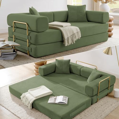 HANXIN 78 Inch Convertible Sleeper Sofa Bed, Folding Floor Mattress Couch with Fixed-Shape Frame, Futon Boneless Couch Lounge Loveseat with Pull Out Bed, No Assembly Required (Green) - color: Green, size: 78" Loveseat Sofa Bed