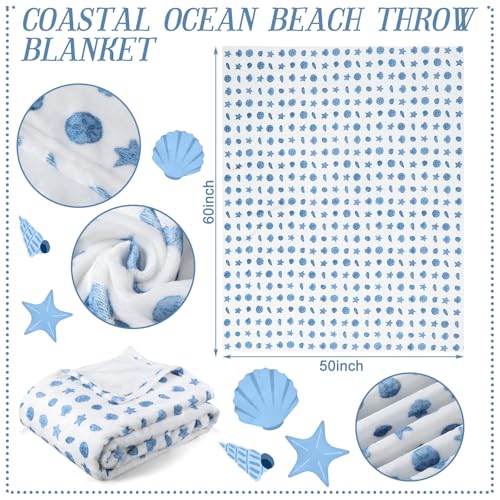 SmoothNovelty Ocean Life Ocean Beach Coastal Throw Blanket 50x60in Blue Nautical Coastal Bed Blanket Seashell Starfish Soft Flannel Throw Blankets for Adults Sofa Couch Bed Room Birthday Gift Decor - color: Blue, style: Ocean Life