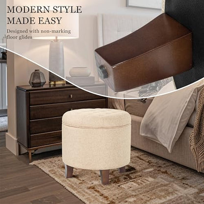 HomePop 19" Button Tufted Round Storage Ottoman - Tan Woven - color: Tan Woven