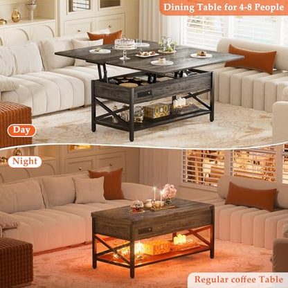 Aheaplus Coffee Table Lift Top Multi-Function Coffee Table Converts to Dining Table, with LED Light and Power Outlet, Center Table with Shelves for Living Room Reception Home Office, Black Oak - color: Black Oak