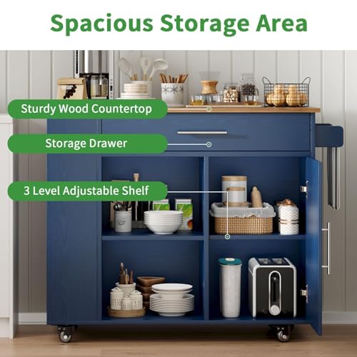 4 EVER WINNER 39" Rolling Kitchen Island with Storage and Drawer, Farmhouse Kitchen Island on Wheels with 3-Tier Spice Rack, Adjustable Shelf & Towel Rack, Mobile Kitchen Cart for Small Space, Blue - style: BLUE