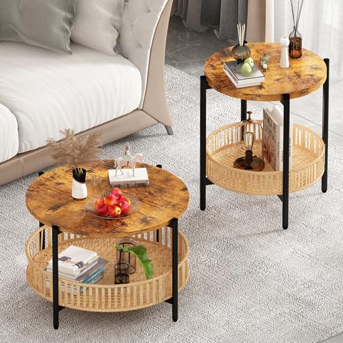 AWQM 3 Pieces Coffee Table Set for Living Room, 2 Tier Round Rattan Coffee End Side Table, Boho Living Room Table Set with Metal Frame for Bedroom Office - size: Set of 3