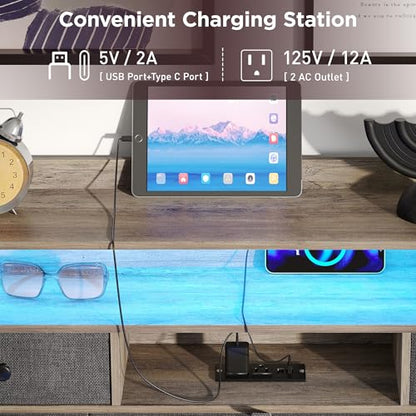 Maupvit Headboard for Queen Size Bed with Storage, Upholstered Headboard Only, Wood Head Board with Charging Station and Led Light, Height-Adjustable, Hidden and Open Storage, Rustic Grey