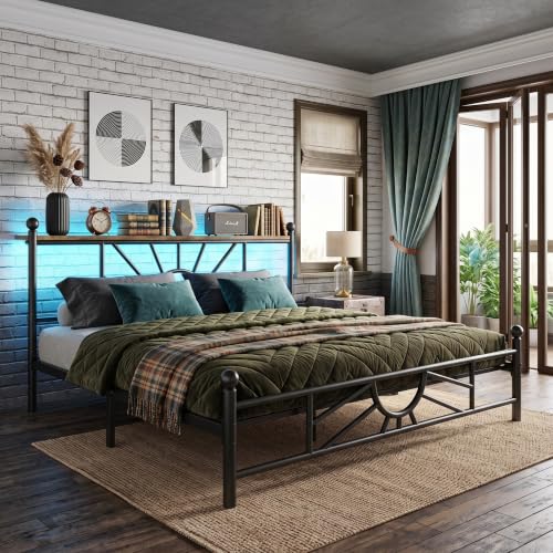 Homkdom King Metal Bed Frame with Victorian Headboard & Storage Shelf | Under-Bed Storage for Teens Room & Apartments, Slip Resistant, LED lights, No Box Spring Needed, 1300lbs stability, Black - color: Black, size: King (U.S. Standard)