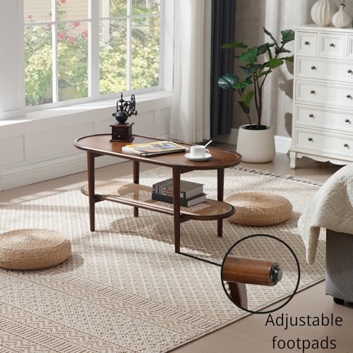 Modern Rattan Coffee Table, 39.5 Oval Walnut Wood Coffee Table with Storage Shelf for Living Room, 2-Tier Center Table Entryway Table Side Table Nightstand for Bedroom Office Small Space Cafe - color: Walnut