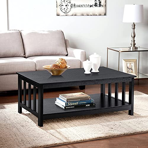ChooChoo Mission Coffee Table and Black End Table for Small Spaces, Living Room Table with Shelf, Narrow Side Table