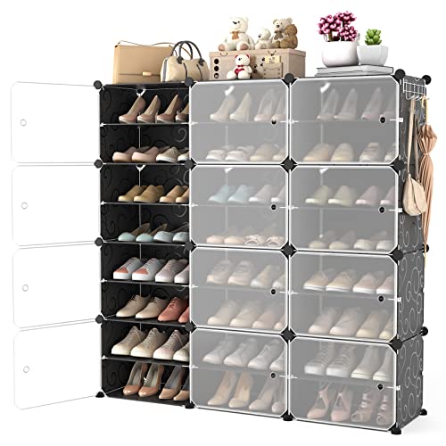 Portable Shoe Rack Organizer with Door, 48 Pairs Shoe Storage Cabinet Easy Assembly, Plastic Adjustable Shoe Organizer Stackable Detachable Free Standing Shoe Rack DIY Expandable 8 Tier Black - color: Black, size: 48" Wide-48 Pairs