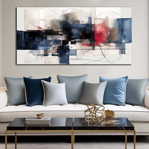Fuwobriva Abstract Canvas Wall Art for Living Room Bedroom Office Large Wall Art Decor Abstract Wall Art Modern Black Red and Blue Geometry Painting Artwork 29"x58" - size: 29L" x 58W"